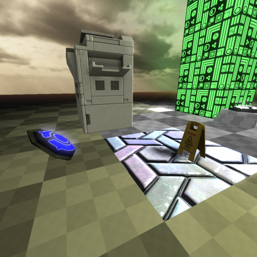 flat checkerboard world with a big neon green obelisk on it, very large photocopier, and a wet floor sign on a patch of shiny tiled textured floor, also a weird blue light thing. the skybox is orange and cloudy