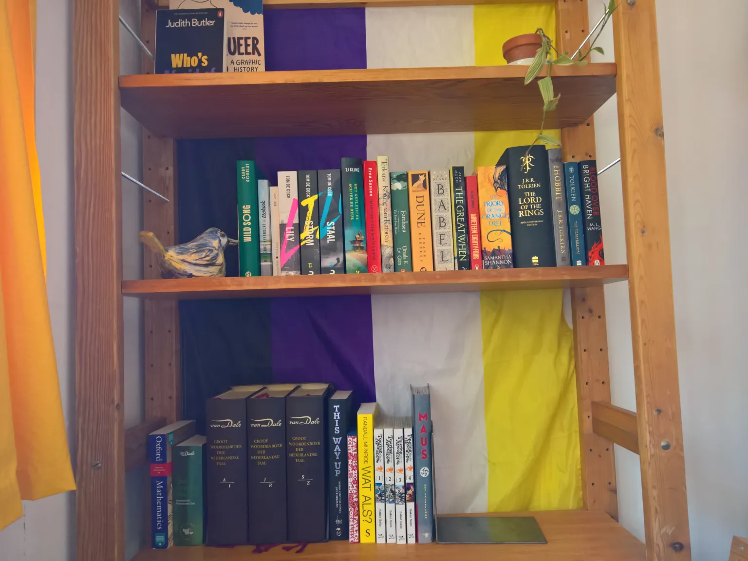 bookshelf, with three shelves in view. behind the books an enby flag hangs

i've got some cool books, with 'who's afraid of gender' standing at the top cover-foward